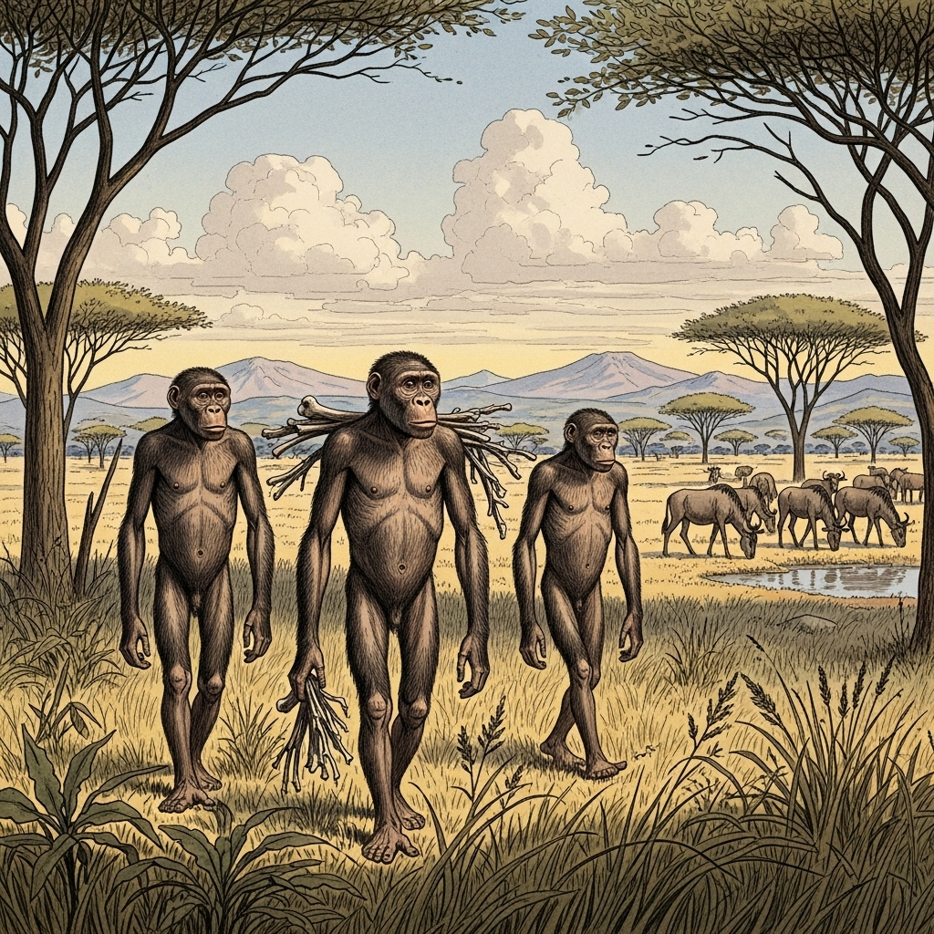 An illustration of early hominins, specifically Australopithecus afarensis, walking upright on two feet in an ancient East African savanna. Show their distinctive posture and environment. Style: historical illustration. No text._직립보행을 시작하다: 356만 년 전 인류의 위대한 발자취 5가지