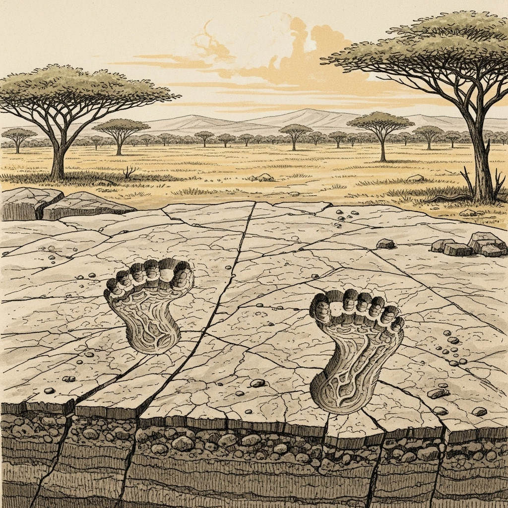 An illustration of fossilized hominin footprints, clearly visible in volcanic ash, preserved from ancient Tanzania. Show the surrounding environment hinting at the age of the discovery. Style: historical illustration. No text._직립보행을 시작하다: 356만 년 전 인류의 위대한 발자취 5가지