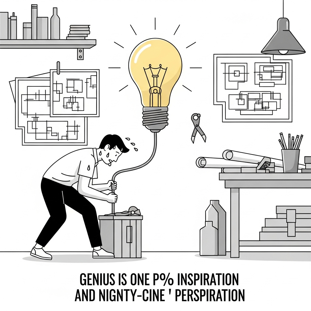 An illustration depicting a light bulb being powered by a person actively sweating and working hard, symbolizing "Genius is one percent inspiration and ninety-nine percent perspiration." The setting is a workshop, with blueprints and tools around. Focus on the effort and the bright idea. Clean infographic style, no text._천재는 1% 영감, 99% 노력: 에디슨 명언의 숨겨진 비밀 5가지