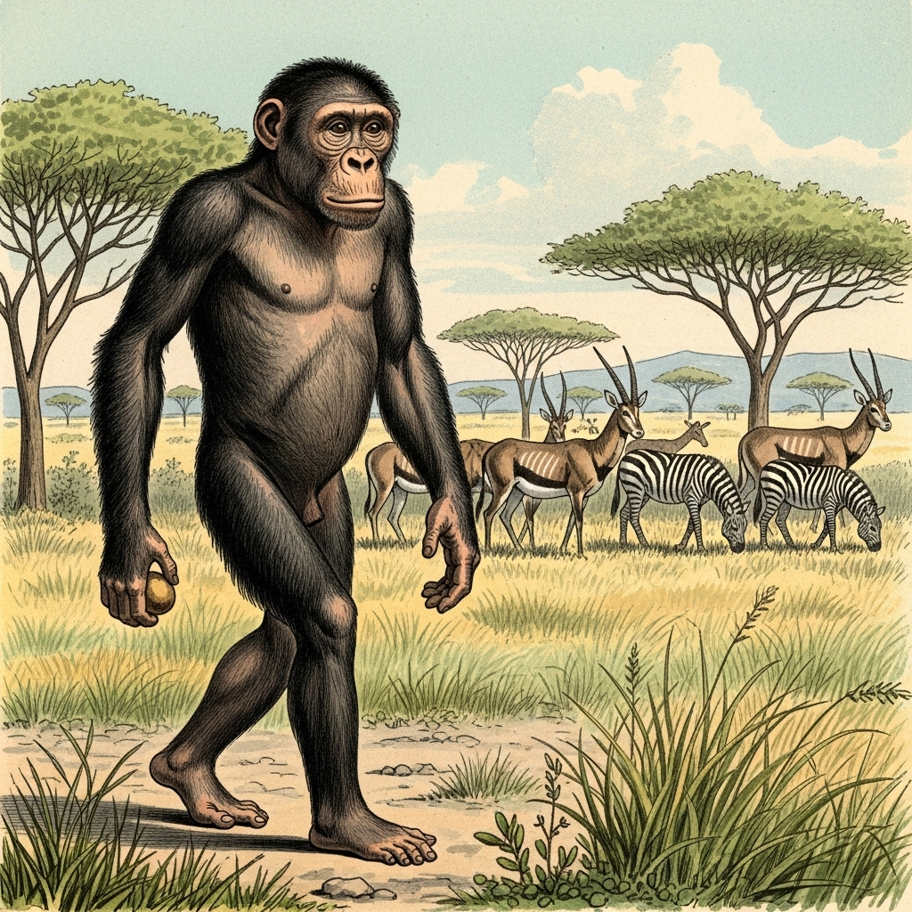 An illustration of an early hominin, Australopithecus afarensis, walking upright while holding something with free hands, perhaps food or a tool. Show the contrast with quadrupeds in the background. Style: historical illustration. No text._직립보행을 시작하다: 356만 년 전 인류의 위대한 발자취 5가지