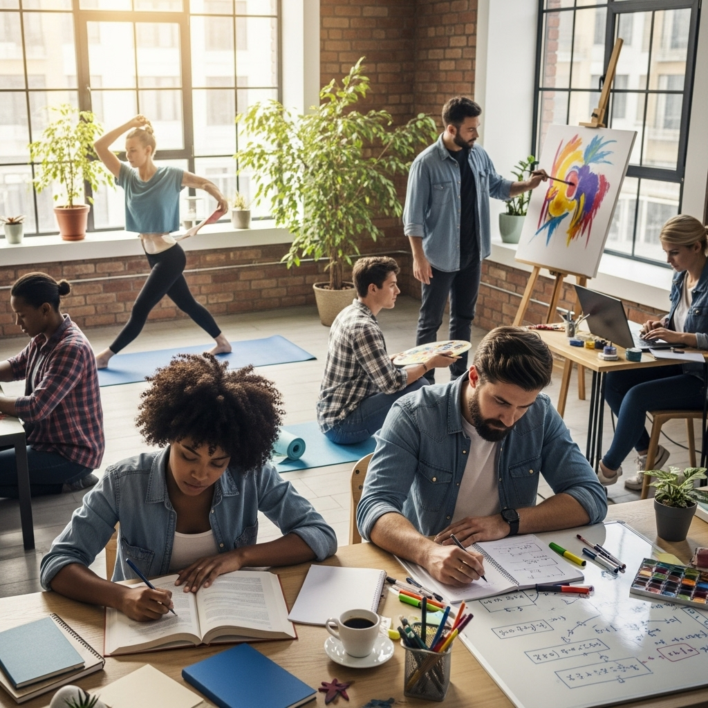 A modern, diverse group of people engaged in various activities like studying, exercising, creating art, and problem-solving, all looking focused and determined. Symbolizes consistent effort and personal growth leading to success. Lifestyle photography, bright and encouraging atmosphere, no text._천재는 1% 영감, 99% 노력: 에디슨 명언의 숨겨진 비밀 5가지