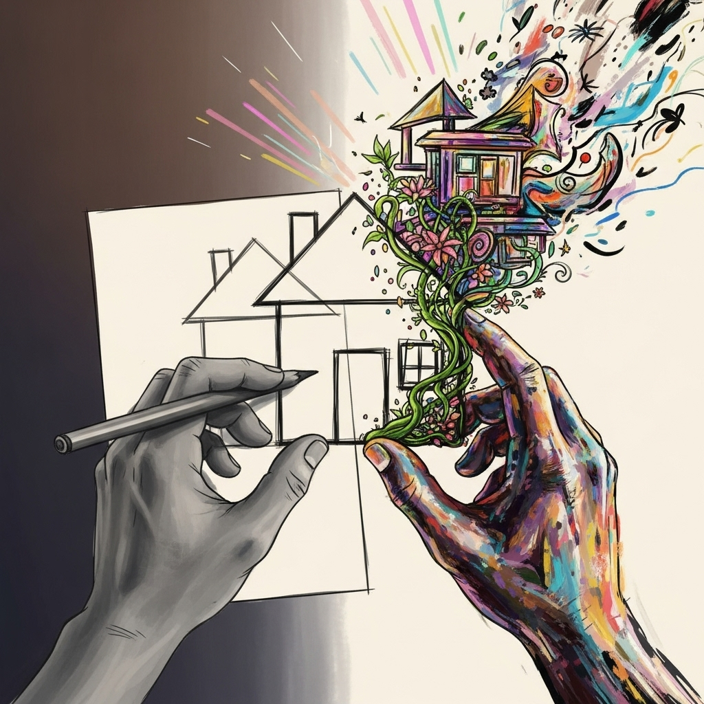 An illustration depicting two hands, one copying a simple drawing, and another transforming a copied idea into a complex, unique, and vibrant new creation. Focus on the concept of transformation and innovation. Style: artistic illustration, no text._Good artists copy, great artists steal: 3가지 통찰로 창조를 훔쳐라!