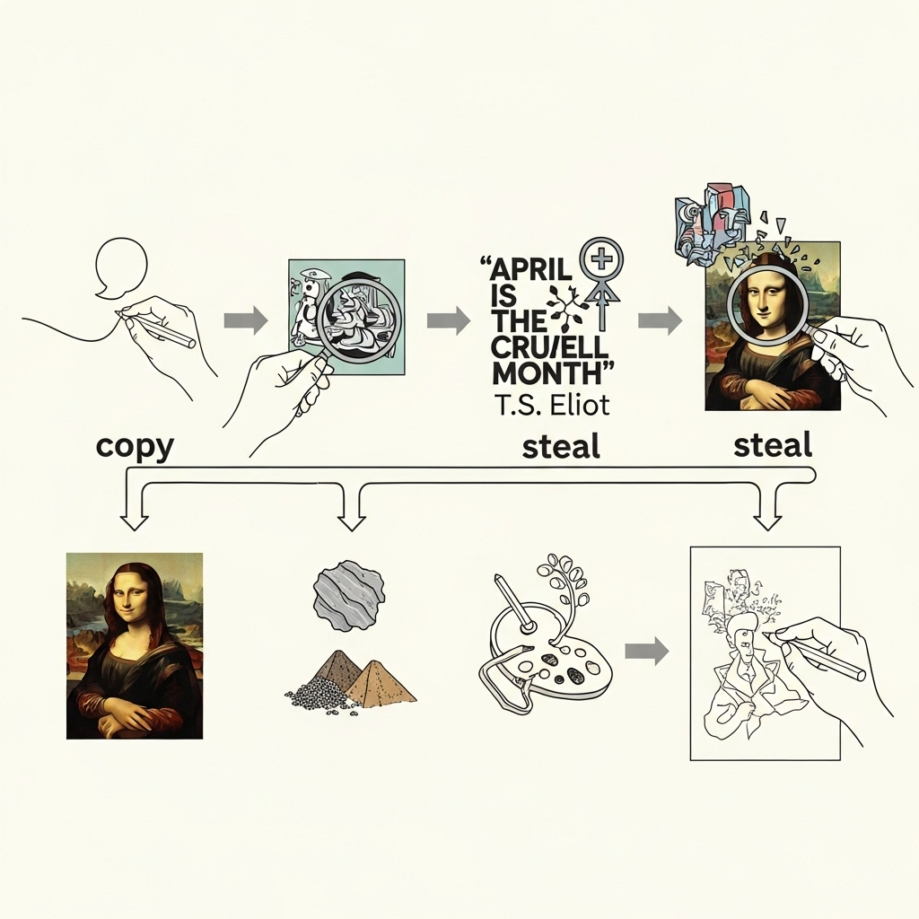 A thought-provoking infographic showing a timeline or flow from 'copy' (simple imitation) to 'steal' (deep understanding, transformation, and unique creation), with elements symbolizing famous artists like Picasso or Eliot, but no actual faces. Clean infographic style, no text._Good artists copy, great artists steal: 3가지 통찰로 창조를 훔쳐라!