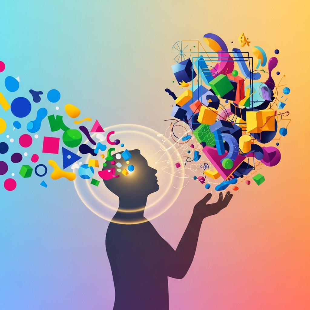 A vibrant illustration showing diverse elements and ideas (represented by different shapes and colors) being observed, absorbed, and then creatively combined and transformed into a completely new, innovative structure by a stylized human silhouette. Focus on synthesis and new value creation. Artistic illustration style, no text._Good artists copy, great artists steal: 3가지 통찰로 창조를 훔쳐라!