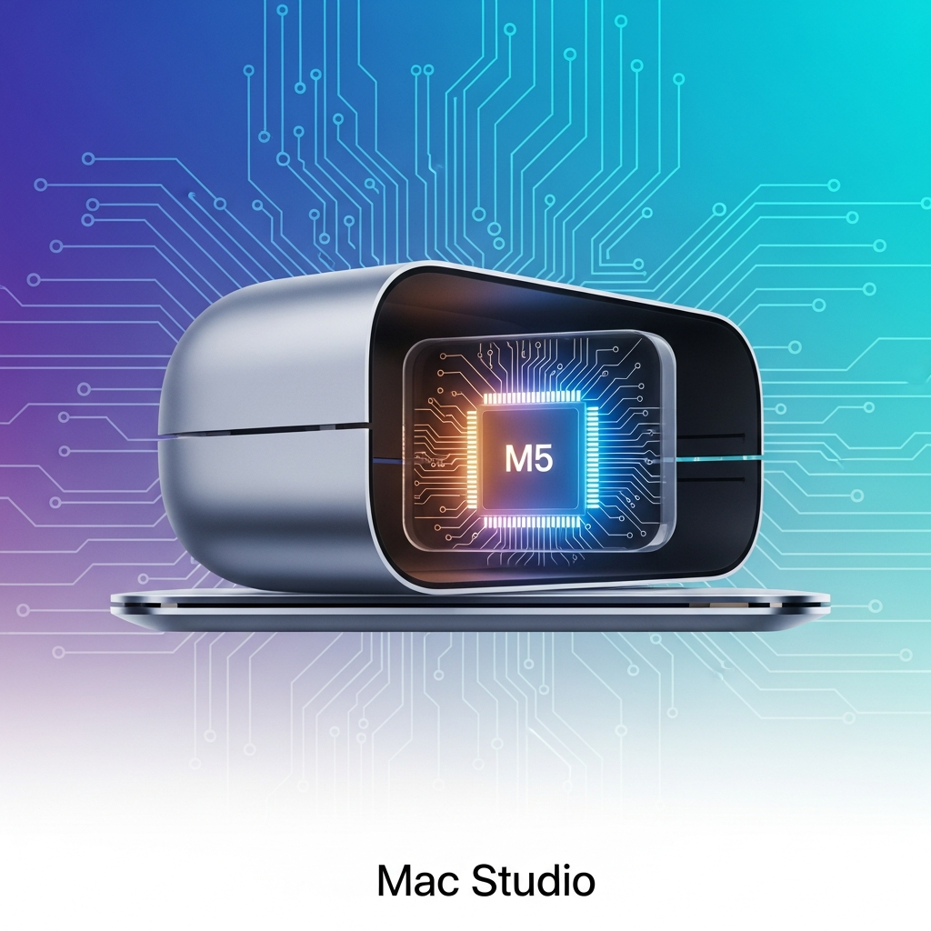 A sleek, futuristic Mac Studio device with an M5 chip glowing inside, set against a modern, high-tech backdrop with circuit patterns. Style: clean infographic, modern layout, high contrast. No visible text, no people. Colored gradient background.