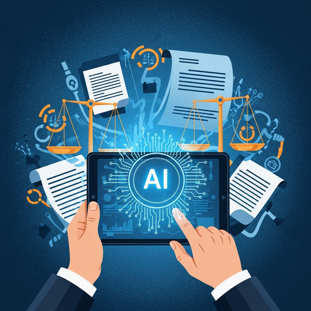 A thought-provoking illustration depicting hands holding a digital tablet with a glowing AI symbol, surrounded by abstract representations of legal documents and ethical scales. The background is a deep, textured blue, conveying seriousness and the need for thoughtful regulation in the digital age. Style: illustration, artistic rendering, textured background. No text.