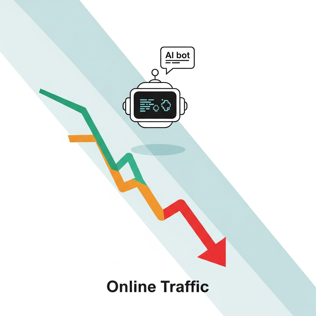 Clean infographic showing a downward arrow representing online traffic for a news website, with an AI bot summarizing content above it. Modern layout, high contrast, colored background. No visible text.