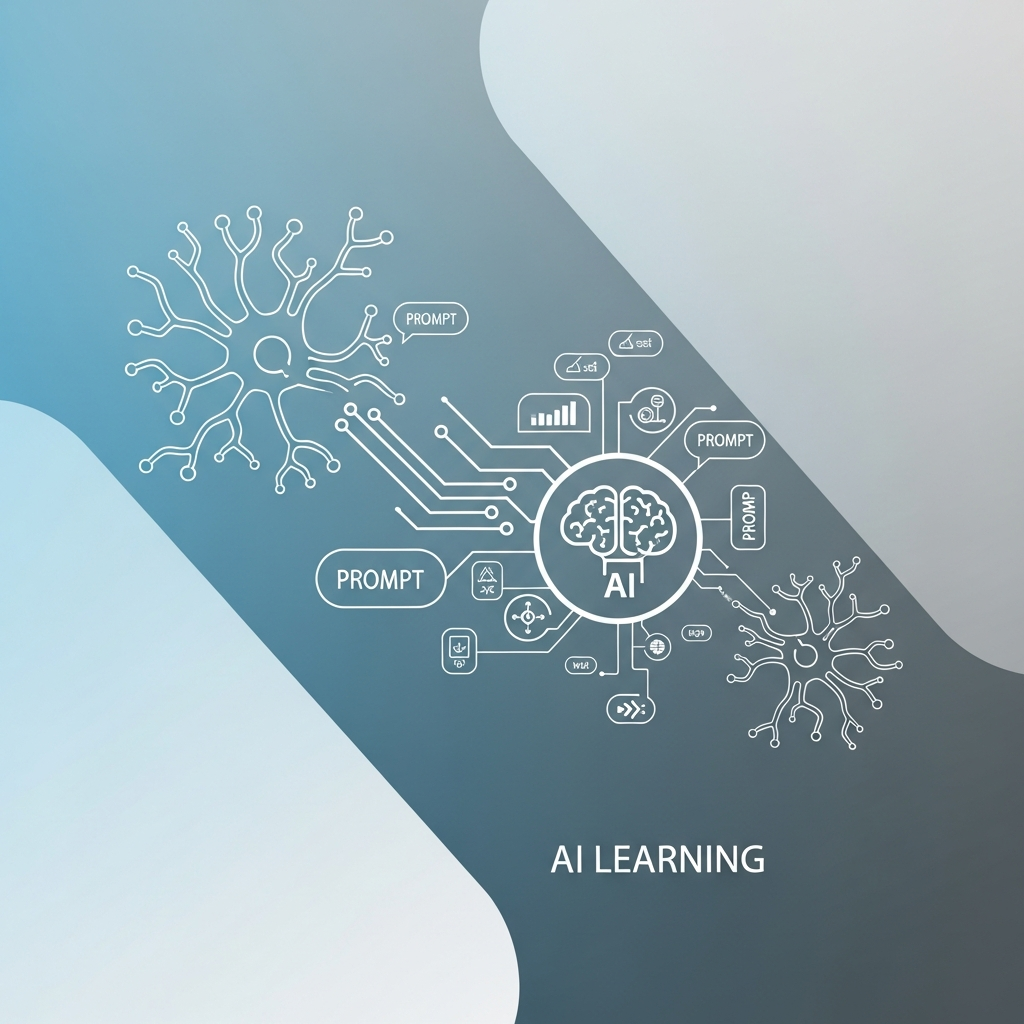 A clean infographic illustrating the concept of AI learning. Visual elements include stylized neural networks or data flows leading into a central 'brain' icon, with various fragmented data points and 'prompt' bubbles surrounding it. The background is a modern gradient of light blue and grey, maintaining high contrast and a sense of depth. No text in the image. Style: clean infographic, modern layout, high contrast.