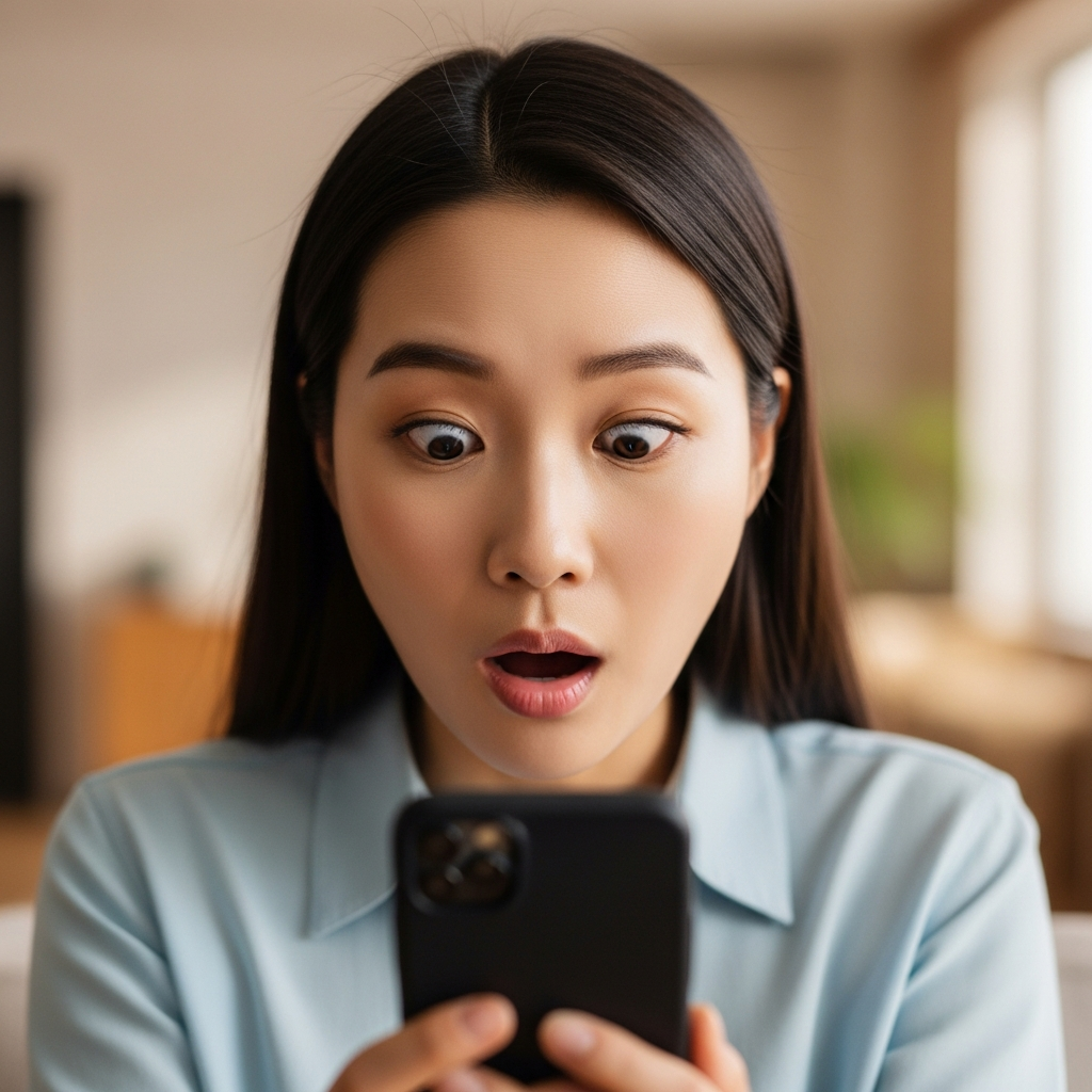 A close-up lifestyle photograph of a shocked Korean individual, with wide eyes and a slightly open mouth, looking at a smartphone screen (screen content is not visible, only light reflecting off it). The background is a blurred, warm-toned office or living room, suggesting a personal and unexpected impact. Bright, balanced lighting, centered focus. No text.
