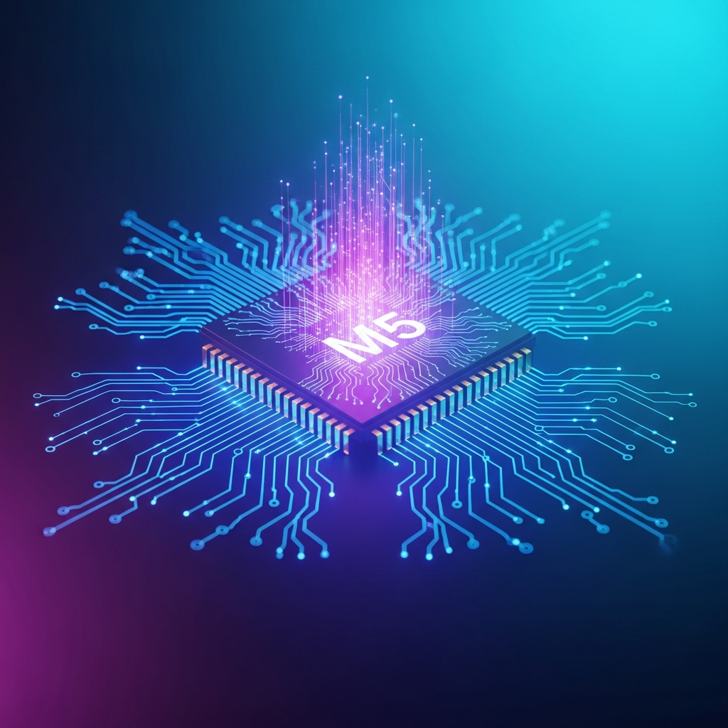 Clean infographic showing an M5 chip with illuminated neural network pathways, symbolizing accelerated AI processing. Modern, high-contrast design with a tech-inspired gradient background. No visible text.