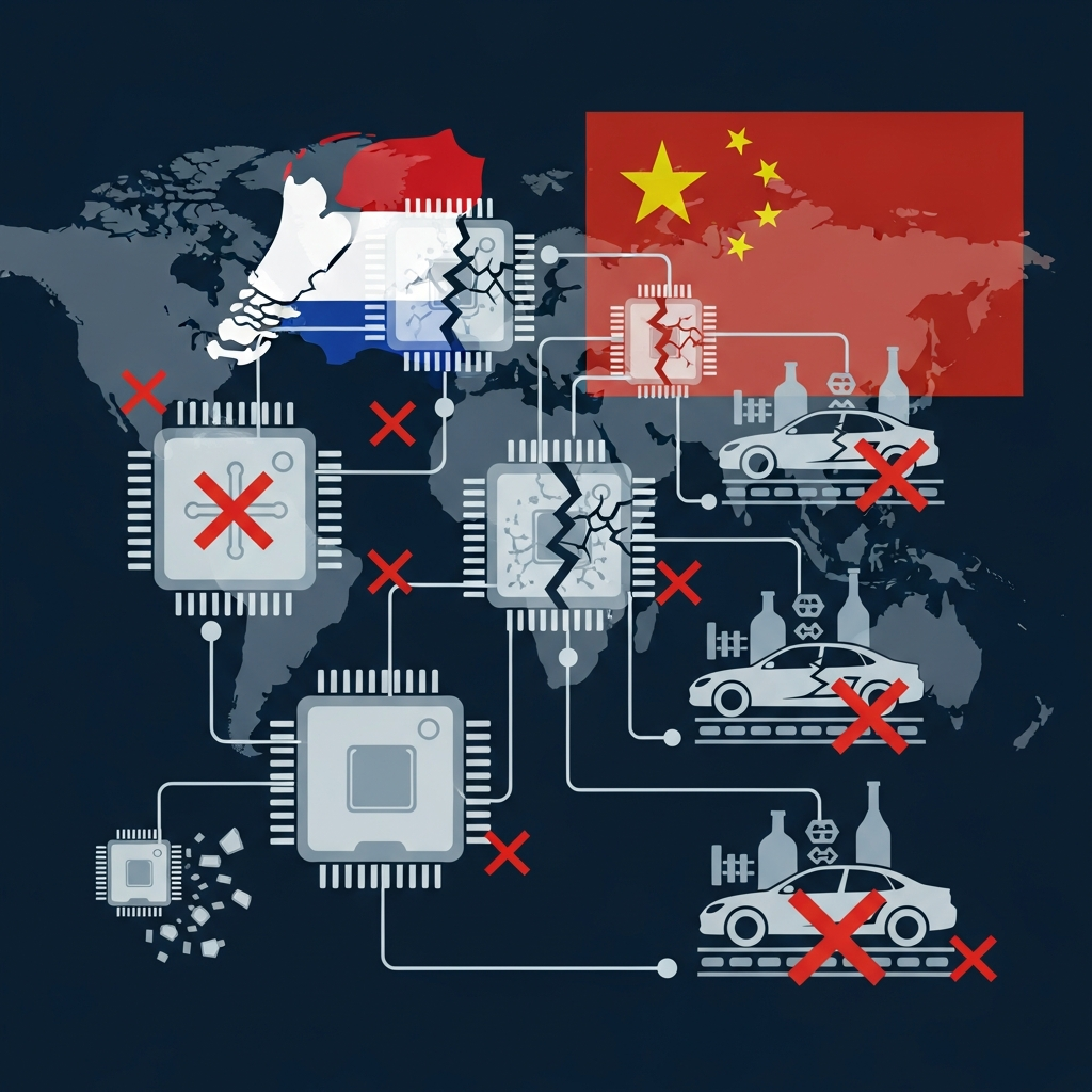 A dynamic infographic showing global supply chains being disrupted, with a focus on microchips and car manufacturing. Dutch and Chinese flags are subtly integrated into the background. Style: clean infographic, modern layout, high contrast. No text.