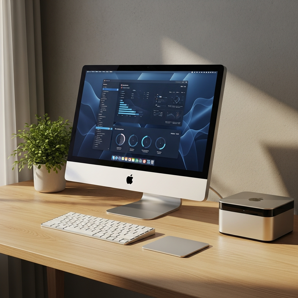 A clean, modern desk setup with various Apple devices (Mac Studio, Studio Display, Magic Keyboard) arranged for a professional workflow. Emphasize sleek design and high-tech feel. Style: lifestyle photography, warm lighting, natural setting. No visible text, no people. Light wooden or textured gray background.