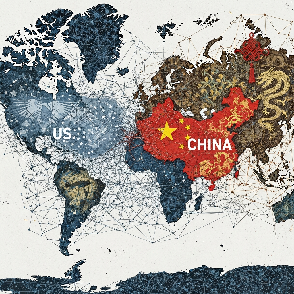 An illustration depicting a complex, intertwined network of global supply chains for microchips, with subtle visual cues representing the US and China's influence, creating tension. Style: illustration, artistic rendering, textured background. No text.