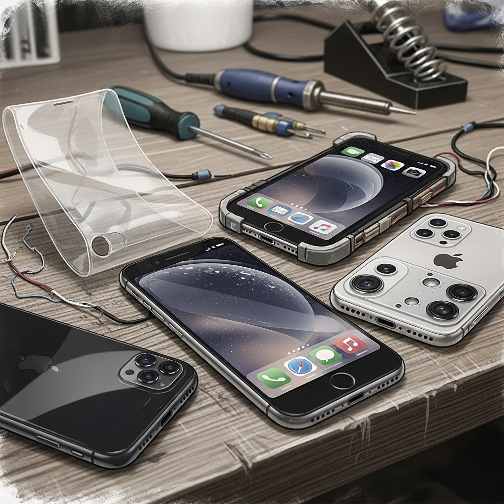 Illustration of various conceptual iPhone models (e.g., ultra-slim, budget-friendly) scattered like rejected prototypes on a workbench. Emphasize a sense of unsuccessful experimentation. The style is artistic rendering with a slightly muted, textured background. No visible text, focused on the discarded designs.