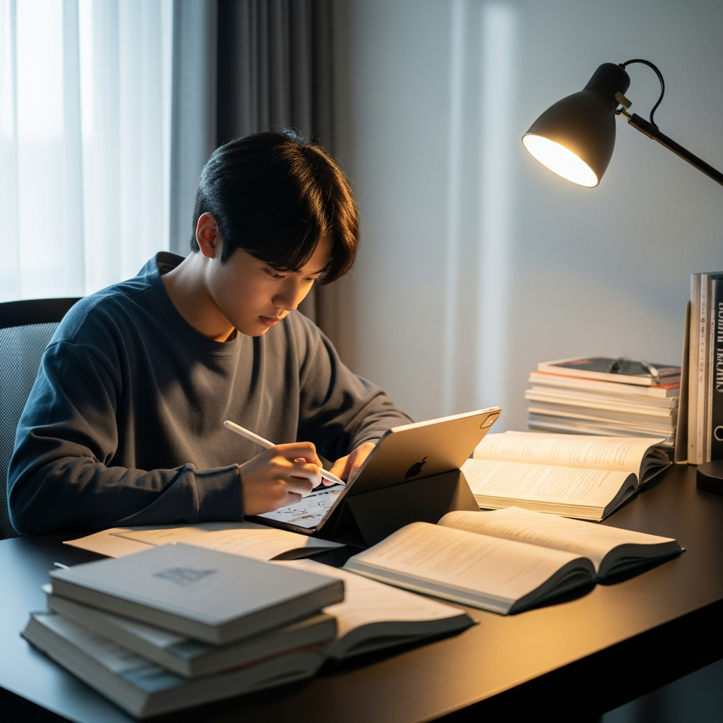A Korean teenager, around 15-17 years old, focused on schoolwork or creative project using an iPad Air and an Apple Pencil. The setting is a modern study desk with books and a warm desk lamp. Style: lifestyle photography, natural lighting, focused on concentration.