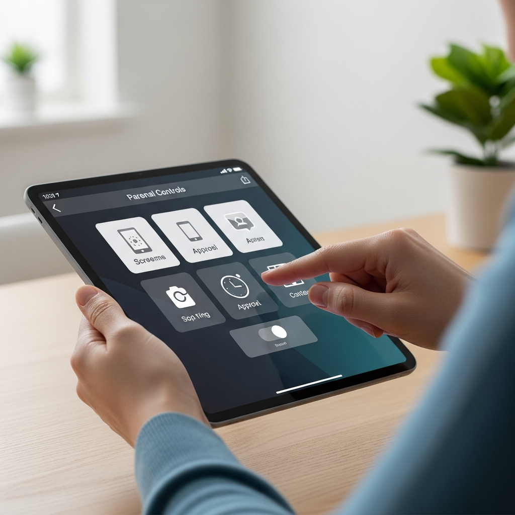 A clear, modern infographic showing a parent's hands setting up parental controls on an iPad. The screen displays icons or settings related to screen time management, app approval, and content filters. The background is a clean, minimalist home setting with soft, professional lighting. Style: clean infographic, high contrast, no text on UI elements.