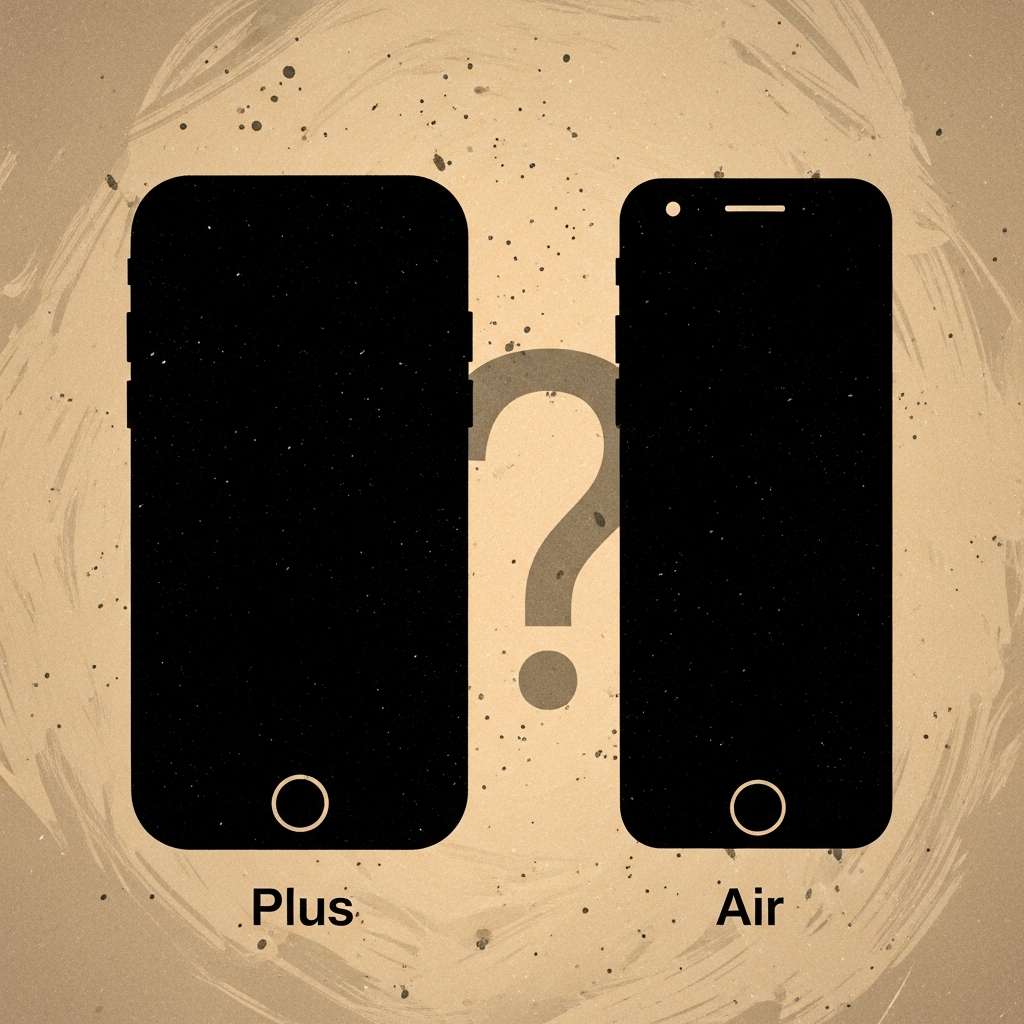 illustration, artistic rendering, textured background, two distinct smartphone silhouettes side-by-side, one slightly larger (Plus) and one very thin (Air), with a subtle question mark in the background, implying past struggles. No visible text.