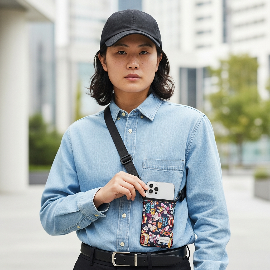 Lifestyle photography of a person with a stylish iPhone Pocket accessory, possibly a fabric sleeve with an expandable strap, or an iPhone with a crossbody strap. The person has a Korean appearance, natural expression, and is in an urban, modern setting. The lighting is bright and natural, and the image is visually rich, focusing on the accessory as a fashion statement. No visible text.