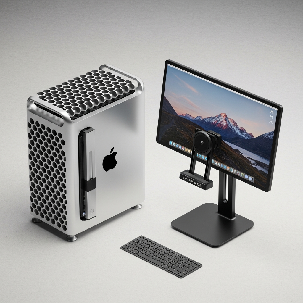 High-angle product photography showing a Mac Pro with the "Mac Pro Wheels Kit" installed, next to a Pro Display XDR mounted on the "Pro Stand." The setting is a clean, modern professional studio environment with balanced, bright lighting and a subtle textured background. Focus on the design and the distinct accessories. No visible text.
