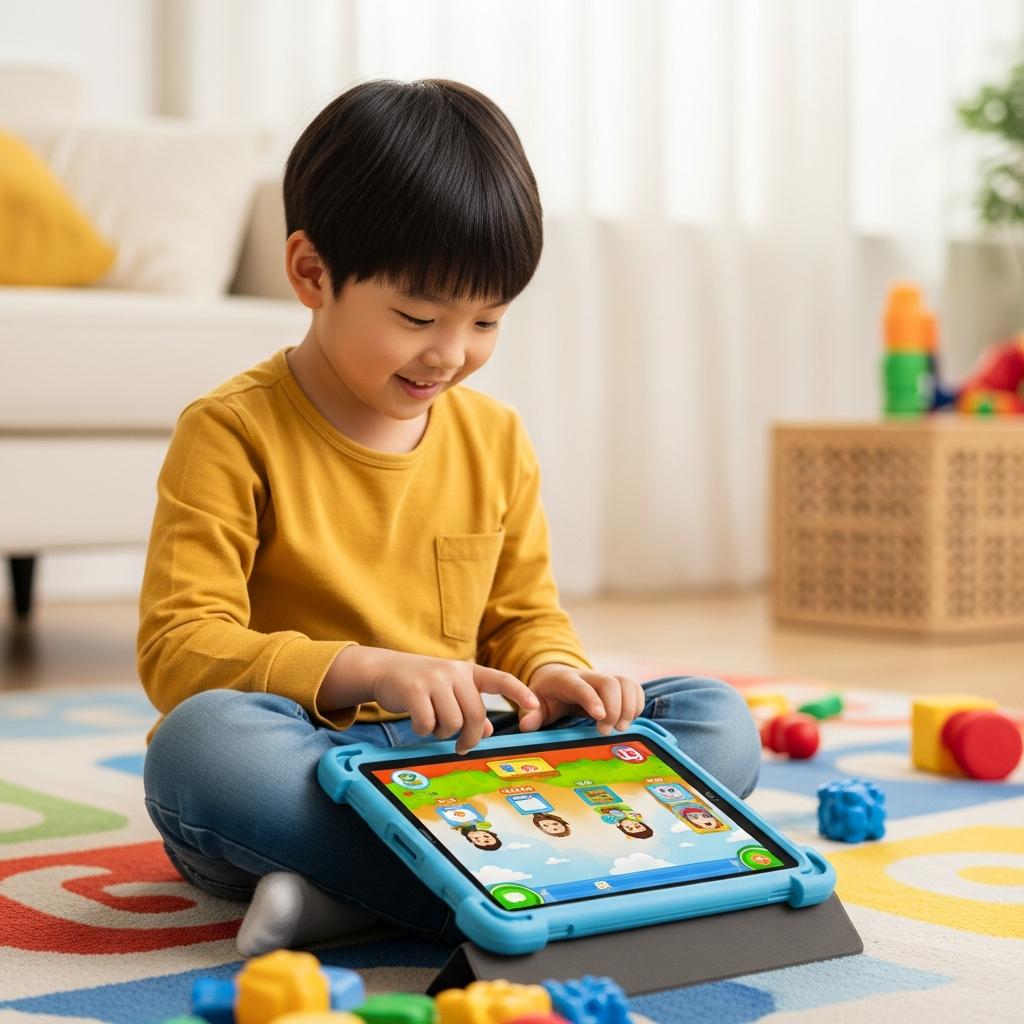 A cheerful Korean child, around 5-7 years old, playing an educational game on a standard iPad. The child is sitting on a colorful carpet in a bright living room, surrounded by some toys. The iPad is in a durable, kid-friendly case. Style: lifestyle photography, warm lighting, natural interaction.