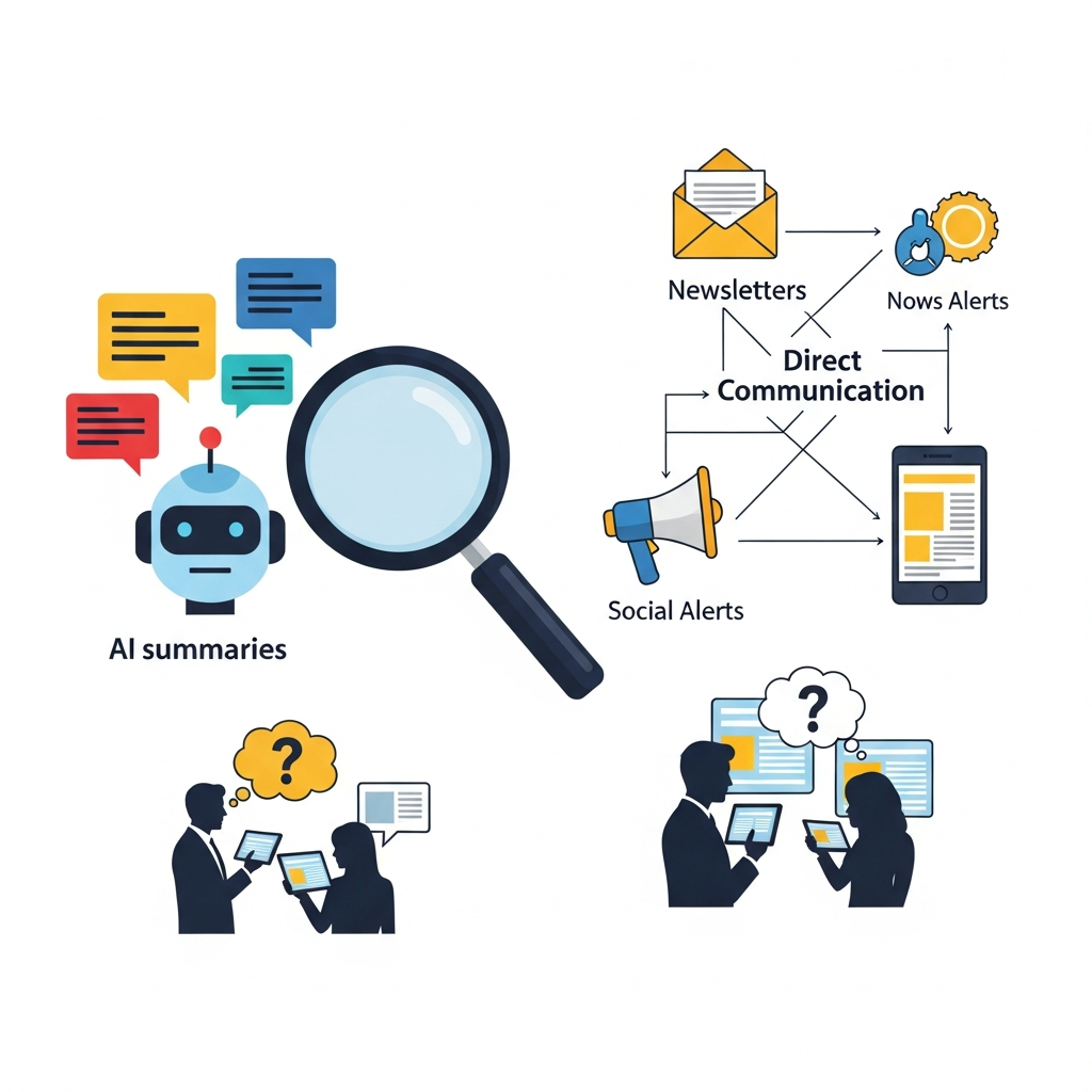 Modern infographic illustrating various strategies for news publishers in the AI era. Elements include a magnifying glass over "AI summaries," a network of direct communication channels (newsletters, social media alerts), and people interacting with news content directly. Clean design, vibrant colors, no text.