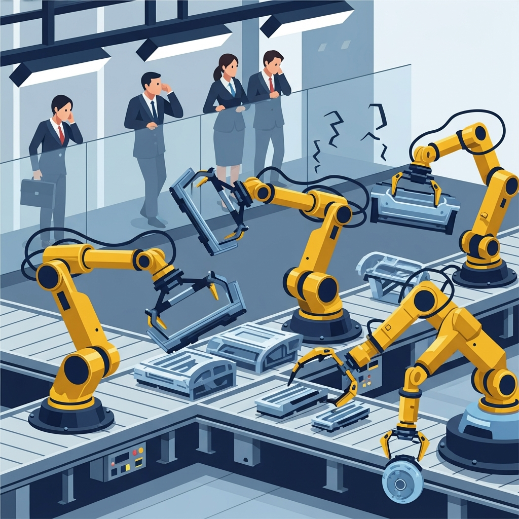 A high-contrast image of a car assembly line with some robots appearing stalled or confused, indicating supply chain disruption. In the background, subtly blurred figures of worried executives are observing. Style: clean infographic, modern layout, high contrast. No text.
