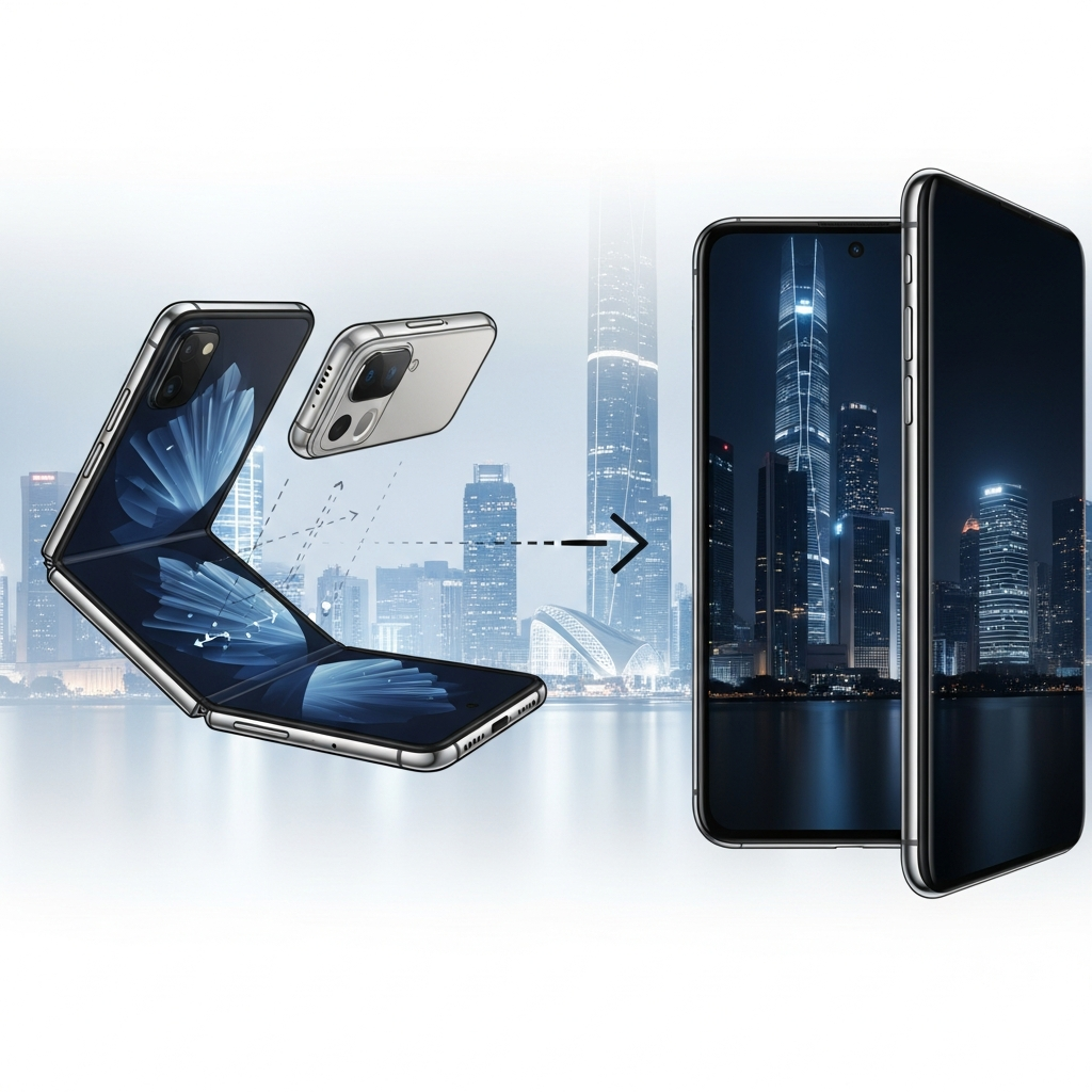 clean infographic, modern layout, high contrast, a conceptual drawing of a foldable smartphone unfolding, juxtaposed with a sleek, non-folding smartphone, representing a transition or comparison. The background is a futuristic city skyline. No visible text.