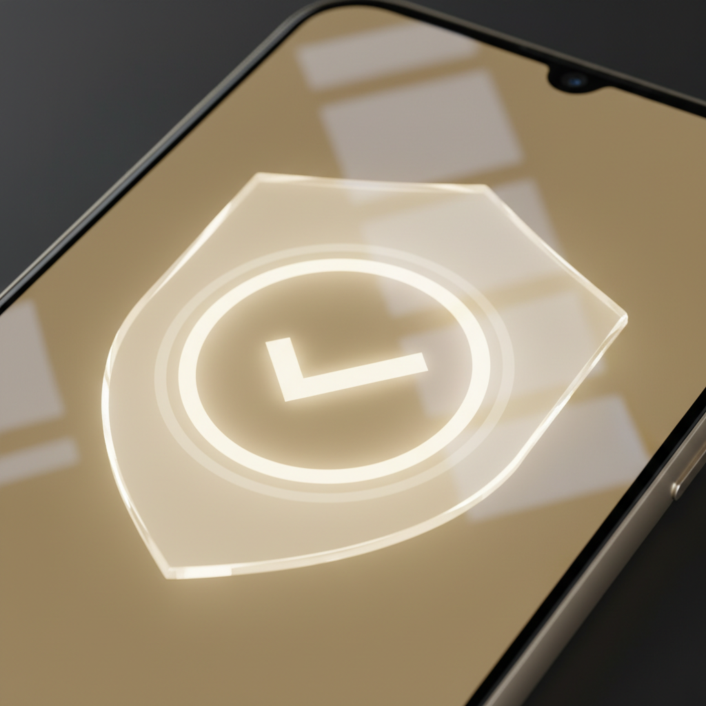 A close-up of a high-end smartphone screen showing a checkmark inside a circle with a shield background, soft golden and white lighting, elegant glass textures, minimal high-tech feel, no text