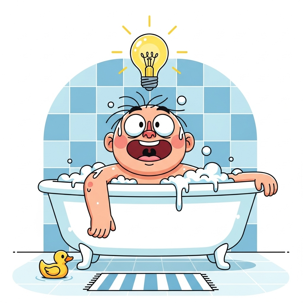 A cartoon illustration of a person in a bathtub with a lightbulb appearing above their head, symbolizing a sudden realization. The person looks surprised and excited. The background shows a simple bathroom setting. The style is bright and friendly, without any text. 놀라운 발견의 외침! 5가지 '유레카!' 순간에 담긴 비밀