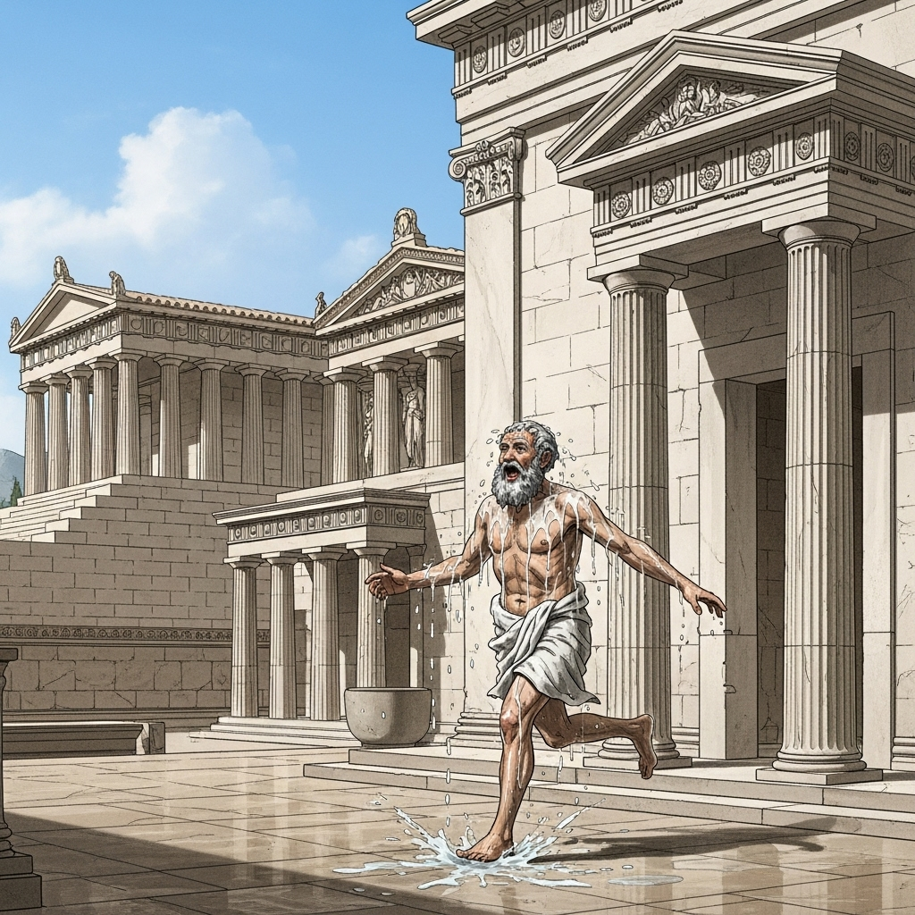 A historically accurate illustration of Archimedes, a wise-looking old man with a beard, excitedly running out of a Roman-style bathhouse, still dripping wet. He is exclaiming with joy, and the background shows classical ancient Greek architecture. The image style is detailed and serious, without any text.