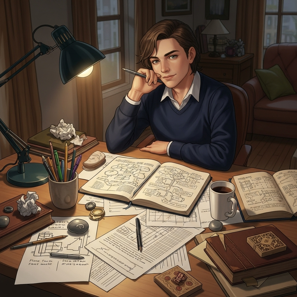 A person sitting at a desk with an open notebook and a pen, looking thoughtfully into the distance, surrounded by scattered papers and a cup of coffee. The setting is a cozy, slightly messy home office, suggesting deep concentration and creative thought. The image has a warm, inviting feel, no text.