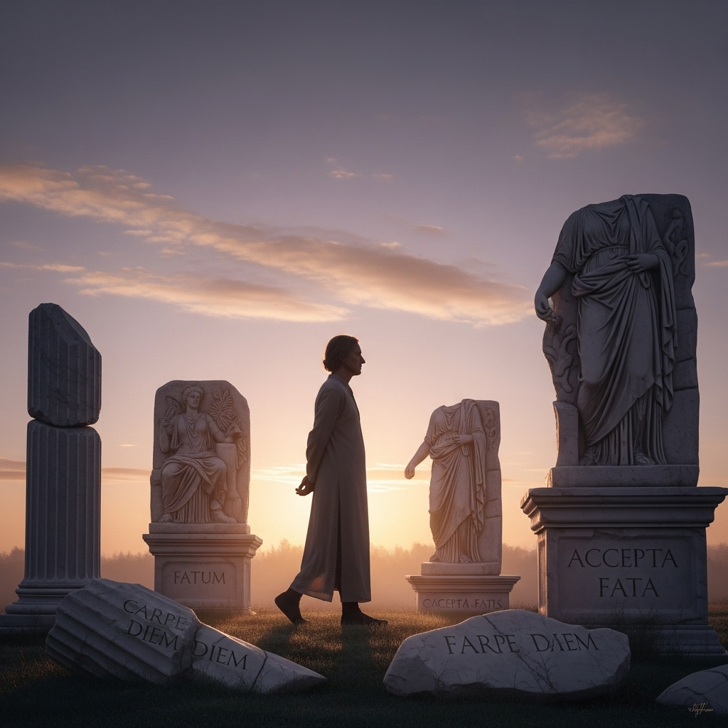A contemplative person walking alone at sunrise, looking calm, with a subtle blending of classical sculptures and Latin inscriptions in the background, symbolizing fate and acceptance, realistic style Amor Fati, 운명을 사랑한다는 것의 진짜 의미와 유래