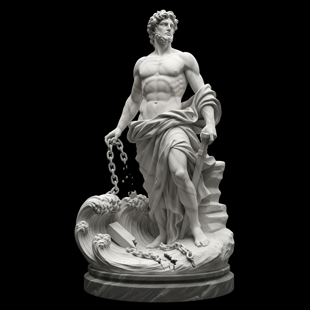 A marble statue inspired by ancient Greece, rugged but gentle-faced hero looking toward the horizon, surrounded by symbols of trials like a stormy sea and broken chains, inspirational and classical