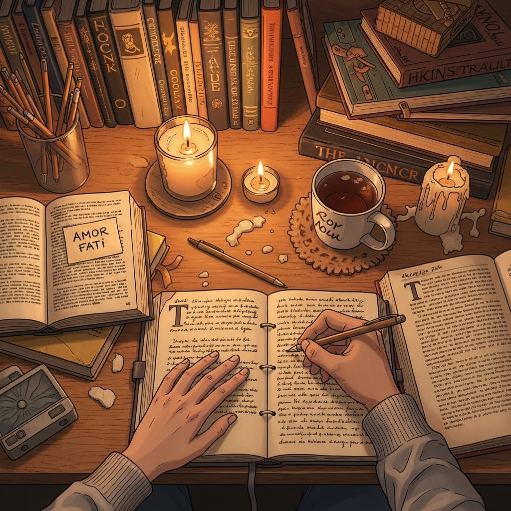 A cozy desk scene at night, person writing a reflective journal, a candle flickers, books open to philosophy pages, a handwritten Amor Fati note, warm and inviting mood