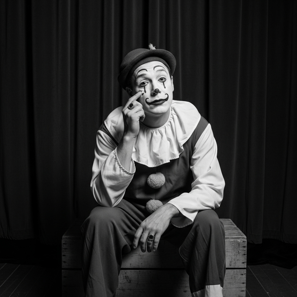 A vintage black-and-white photograph of a circus clown backstage, wiping away a single tear, yet preparing confidently to face the audience. The show must go on, 인생을 일으키는 7가지 교훈