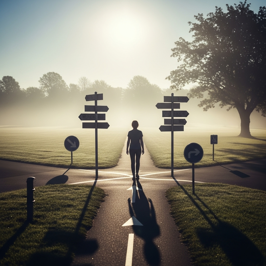 A person standing at a crossroads, facing multiple signs pointing in uncertain directions, but continuing forward with determination, early morning light shining.