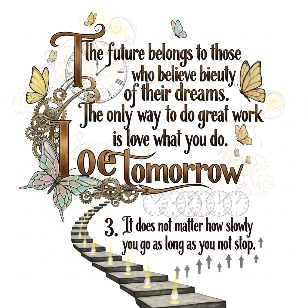 Three popular motivational quotes written in elegant calligraphy, surrounded by subtle illustrations of butterflies, clocks, and steps, in a warm and bright tone.
