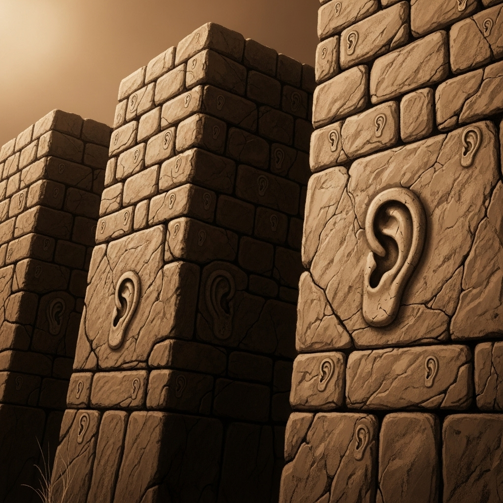 A vintage illustration showing stone walls with subtle ear-like patterns carved into them, creating an atmospheric scene that suggests the concept of walls listening, rendered in warm sepia tones with dramatic lighting