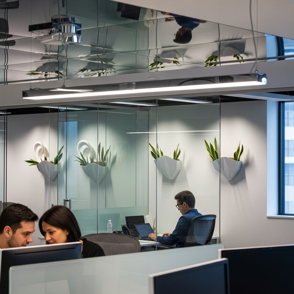A modern office setting with people having a confidential conversation, while subtle shadows and architectural elements suggest the presence of listening ears, depicted in contemporary realistic style