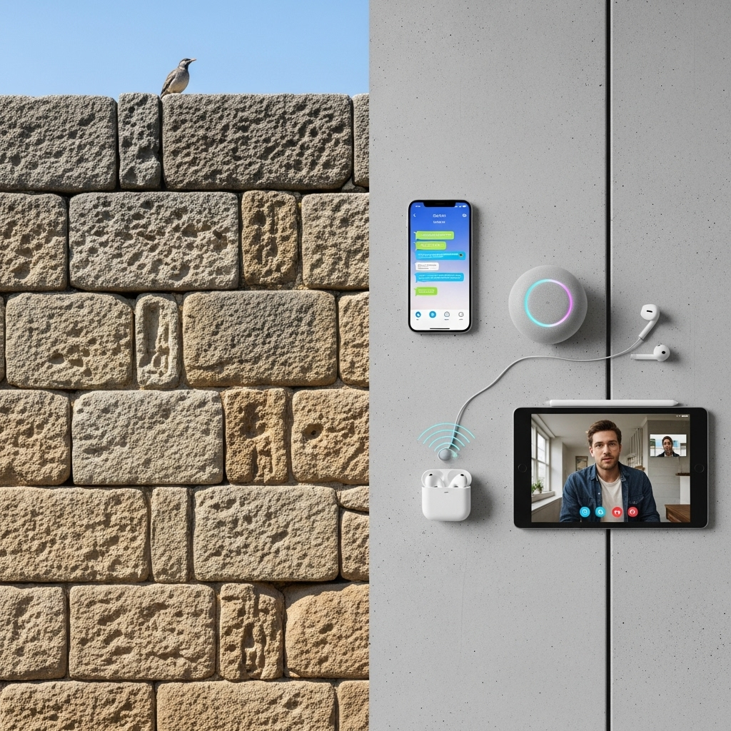 A split scene showing traditional stone walls on one side and modern digital devices like smartphones and smart speakers on the other, symbolizing how the concept of "walls having ears" has evolved in the digital age