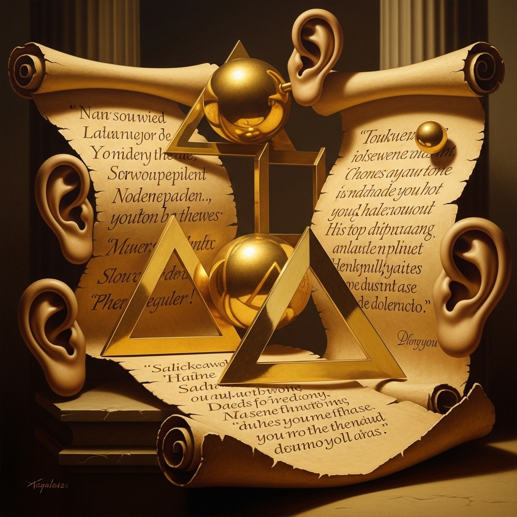 An artistic composition featuring ancient scrolls with wise quotes, golden silence symbols, and listening ear motifs, rendered in an elegant classical style with warm golden lighting