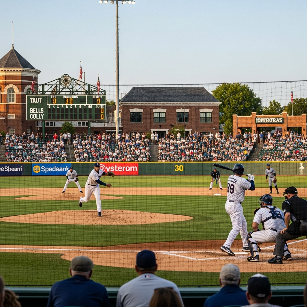 A vintage baseball stadium scene during late afternoon, showing an intense game moment with players on field, dramatic lighting creating long shadows, spectators in the stands, capturing the essence of never giving up until the final moment It ain't over till it's over 뜻과 유래: 포기하지 않는 마음의 힘