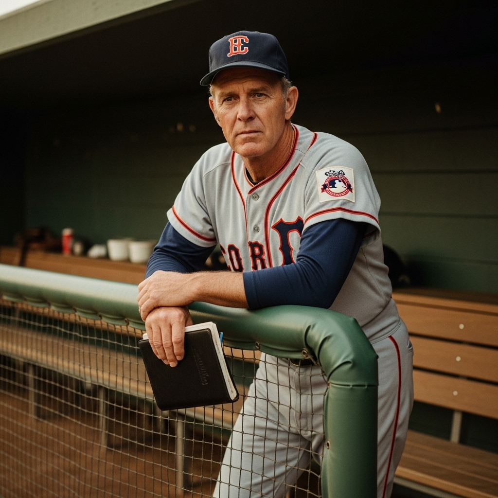 Portrait of an elderly baseball coach in vintage uniform from 1970s era, standing confidently in a dugout, with determination in his eyes, classic baseball atmosphere with soft lighting It ain't over till it's over 뜻과 유래: 포기하지 않는 마음의 힘