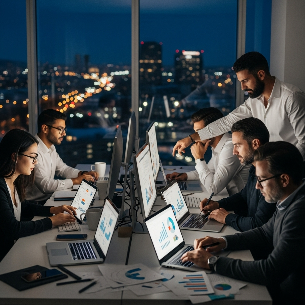 Modern office scene showing diverse team of professionals working late at night, laptops glowing, determination visible on faces, city lights in background through windows, representing perseverance in contemporary work environment It ain't over till it's over 뜻과 유래: 포기하지 않는 마음의 힘