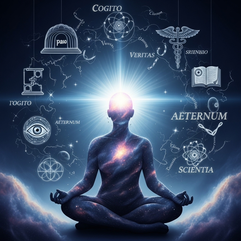 An abstract depiction of a person thinking deeply, with light emanating from their head, surrounded by philosophical symbols and floating Latin words, in a calm, introspective atmosphere. No explicit text on the image. 나는 생각한다 고로 존재한다: 데카르트 명언, 3가지 깊은 의미 파헤치기