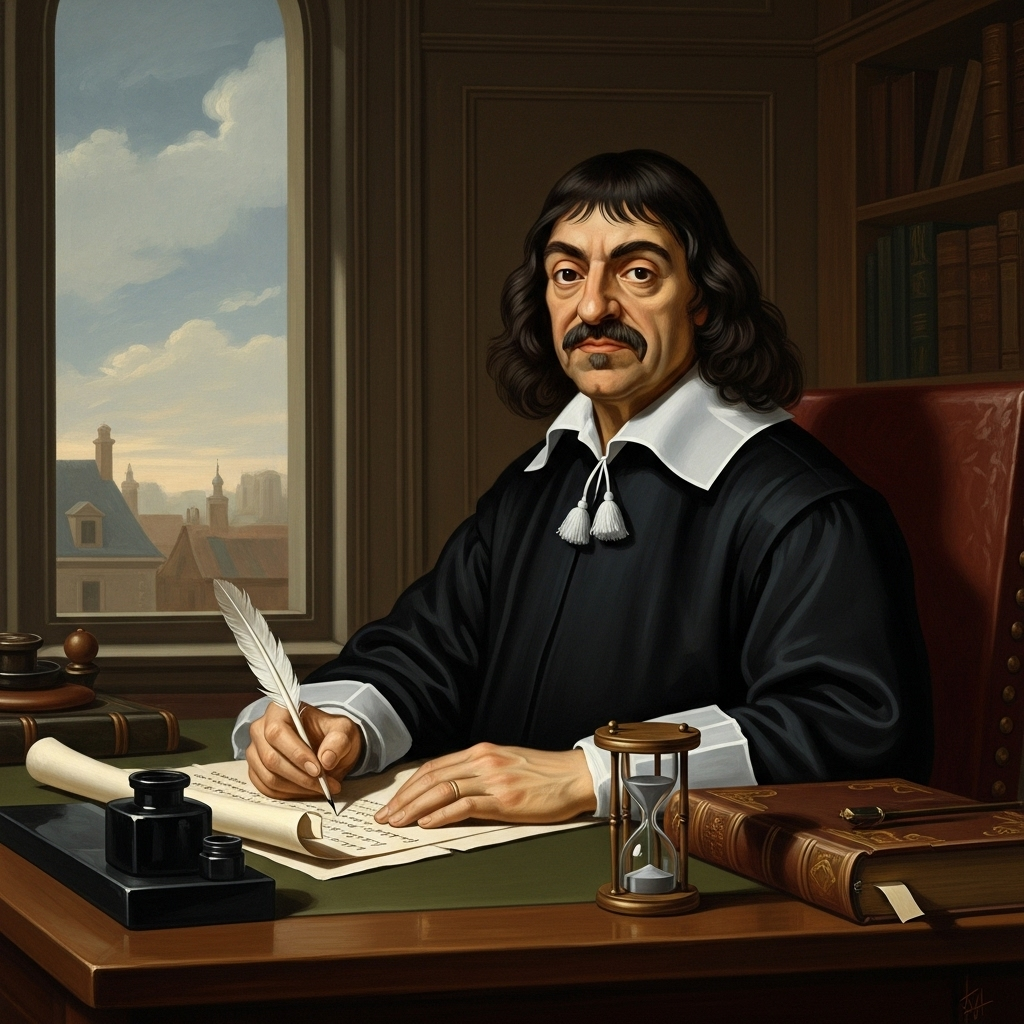 A stylized portrait of René Descartes, looking thoughtful, perhaps with a quill and parchment, in a classical European setting, with a subtle light source illuminating his face. The style is reminiscent of 17th-century paintings but with a modern, clean aesthetic. No text on the image.