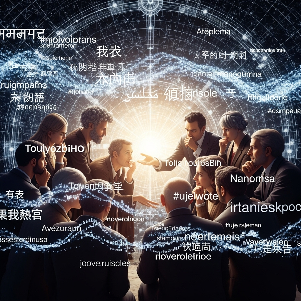A diverse group of people from different backgrounds and eras (represented abstractly) engaging in thoughtful conversation and reflection, surrounded by floating words of wisdom in various languages. The atmosphere is harmonious and intellectually stimulating. No explicit text on the image.