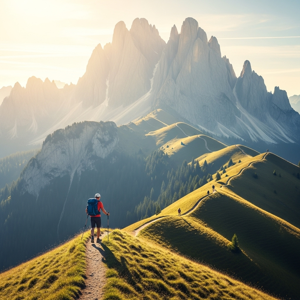 A visual metaphor showing a large mountain being broken down into smaller, manageable hills with a person climbing step by step, bright daylight, motivational atmosphere 분할정복 Divide and Conquer 전략의 힘과 실생활 활용법 7가지