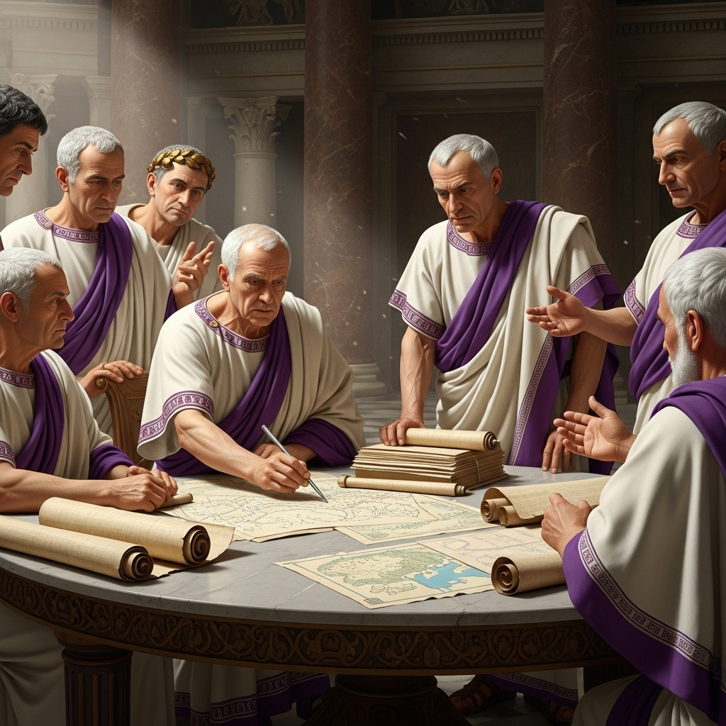 Ancient Roman senators in togas discussing strategy around a marble table with scrolls and maps, classical architecture background 분할정복 Divide and Conquer 전략의 힘과 실생활 활용법 7가지