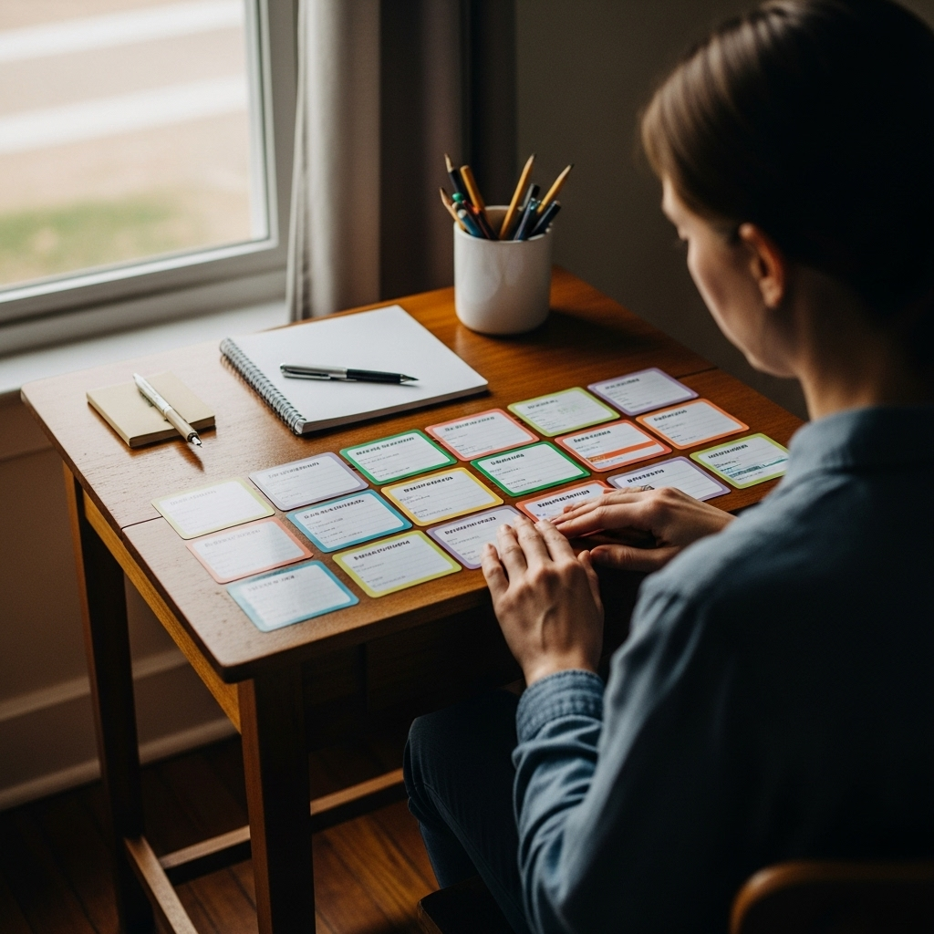 A peaceful person sitting at a desk with small organized task cards spread out, looking calm and focused, soft natural lighting 분할정복 Divide and Conquer 전략의 힘과 실생활 활용법 7가지